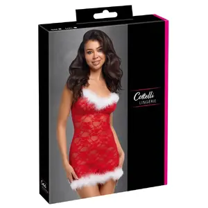 Женская праздничная сорочка Cottelli Collection X-Mas Dress S/M, красное кружево, регулируемые бретели, перьевое оформление