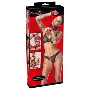 Bondage komplekts Bad Kitty BK Bondage Set Gems — 6 daļu mākslīgās ādas ierobežotāji ar ķēdēm, apkakle ar pavadu, kļuģis (Ø 4 cm), acu aizsegs