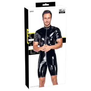 Vīriešu īss vinila kombinezons Black Level modelis 28905771721 — izmērs L, melns, īsi piedurkņi un kājas, polsterēta 3‑virzienu rāvējslēdzēja