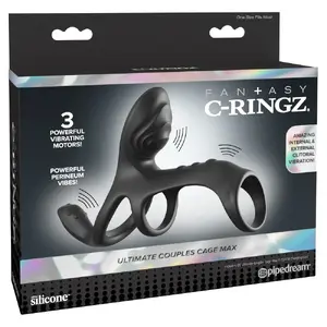 Dzimumlocekļa uzmava pāriem Fantasy C-Ringz Couples Cage Max Black — silikons, 3 motori, 7 režīmi, ūdensizturīga, 19,5×5×12,5 cm