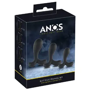 Butt Plug Training Set ANOS — three body-safe silicone plugs, sizes S/M/L with curved tips and 2-armed stoppers
