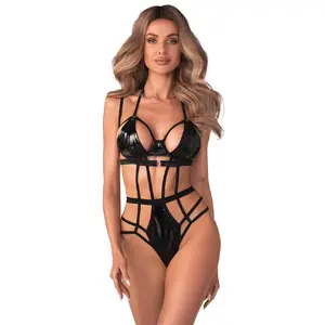 Body OBSESSIVE Keira L/XL string body, izmērs L/XL, melns, vinila ielaidumi, regulējams halternecks un aizmugures aizdari