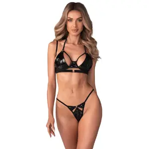 Комплект белья OBSESSIVE Keira Lise — бюстгальтер и трусики, винил, размер 2XL/3XL, регулируемые бретели, PU и сетка