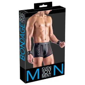 Men's pants Svenjoyment model 21335711711, size M, black, matte-look coated polyester/spandex with net, includes soft handcuffs