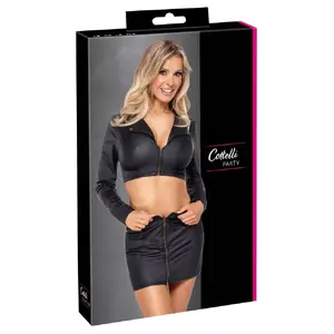 Divdaļīgs komplekts Cottelli Collection Top and Skirt melns XL — apgriezta žaketa tipa tops un mini svārki, izmērs XL, poliesters/spandekss ar poliuretāna pārklājumu