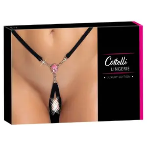Трусики-стринг Cottelli Collection String gem S-L — размер S-L, черные без подкладки с розовым камнем и цепочками со стразами