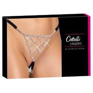 Тонг Cottelli Collection String Rhinestones S–L — бесшовный стринг с черными эластичными лямками и серебристыми треугольниками со стразами, размеры S–L