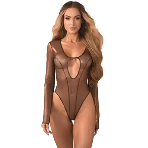 Sieviešu elastīgs bodijs OBSESSIVE OBS Body Soranna, izmērs 2XL/3XL, garas piedurknes, bronzas, stringi, augsta kāju izgriezuma
