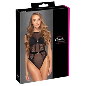 Body with rhinestones, Cottelli Collection — size L/XL, black lace, powernet and microfiber, high-leg thong, backless