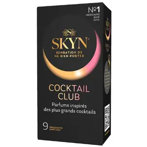 Non‑latex condoms SKYN Skyn Cocktail Club x9 — Sensoprene, 53 mm nominal width, flavoured mix (Piña Colada, Cherry Sunrise, Passion Daiquiri)
