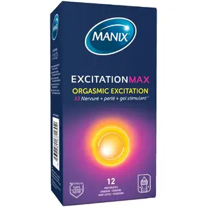 Презервативы Manix Excitation Max — упаковка 12 шт., с точками и рёбрами, с разогревающей смазкой, номинальная ширина 52 мм, с резервуаром, латекс