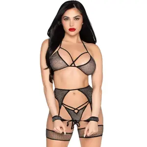 Lingerie set LEG AVENUE D-244735 — top, thong, garter belt and handcuffs, black, one size