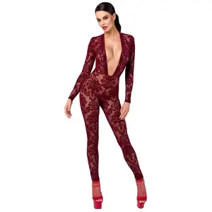 Catsuit Noir Kink Royal — viengabala stiepjamais kombinezons, izmērs S, tumši sarkans, garas piedurknes, rāvējslēdzējs starpenē