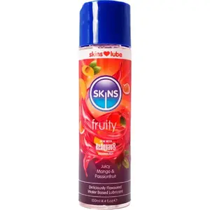 Ūdens bāzes lubrikants SKINS Fruity Mango & Passion Fruit 130 ml — personīgais lubrikants, aromatizēts, saderīgs ar lateksu