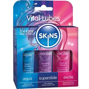 Lubrikantu komplekts SKINS VITAL LUBES KIT AQUA, SUPERSLIDE & EXCITE — 3×12 ml