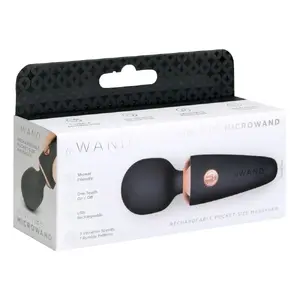Rokas masieris le wand Mini Microwand Black — uzlādējams, garums 10 cm, 7 režīmi, 3 intensitātes