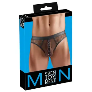 Biksītes Svenjoyment M. Thong Net 3XL — melna tīkliņa, wetlook detaļas, 5 zelta krāsas gredzeni, 90% poliesters/10% spandekss