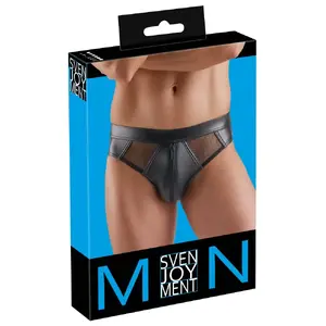 Трусы Svenjoyment M. Briefs S — чёрные wetlook с прозрачными сетчатыми вставками, молния на кармане, 90% полиэстер 10% спандекс