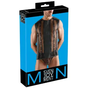 Мужская сетчатая майка Svenjoyment 3XL — безрукавная чёрная сетка с мокрым блеском, передняя молния и декоративные золотые кольца