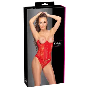 Корсет с открытой чашкой Cottelli Collection L — красное кружево и wetlook, поддержка внизу, полочка спереди, шнуровка сзади, размер L