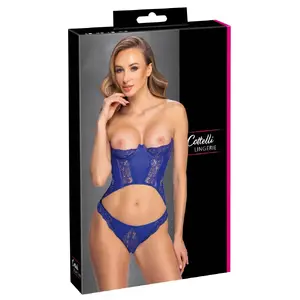 Комплект корсет, Cottelli Collection Corset blue L — короткий бандо-корсет с косточками и чашками ¼, формирующие проволоки, застёжка на крючки, с подходящими трусиками, размер L