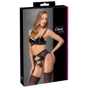 Bra Set 80B/M — Cottelli Collection three-piece suspender set with underwired padded bra, suspender belt and string, lace and vinyl, size 80B/M