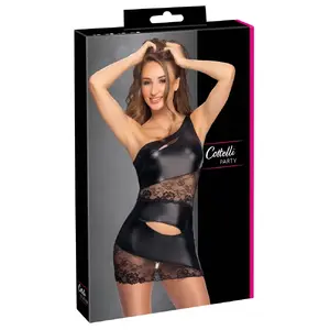 Asimetrisks kleita M, Cottelli Collection — melna mini, uz viena pleca, mežģīņu ielaidumi, 96% poliesters/4% spandekss