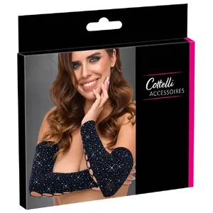 Рукава-гаунтлеты S-L, Cottelli Collection — чёрные кругловязаные с камнями, 94% полиамид 6% спандекс