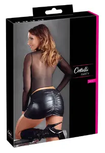 Mini svārki — Cottelli Collection Mini Skirt black XL, wetlook, ar volāniem aizmugurē, 92% poliesters 8% spandekss