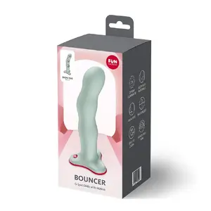 Dildolis Fun Factory Bouncer Light Green — silikona dildis ar piesūcekni un iekšējiem rotējošiem svaru pavedieniem, izliektu G‑punktam/prostatam