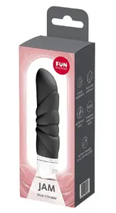 Mini vibrators Fun Factory Jam Black — uz baterijām, ūdensizturīgs, silikona tekstūra, ceļojuma bloķēšana (vajadzīga 1×AA)