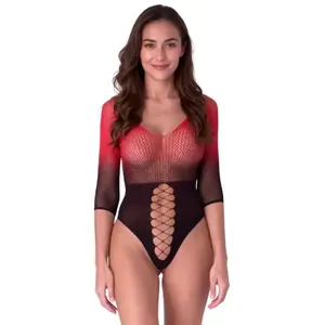 Mesh Bodystocking PASSION BS118 black and red – 80% polyamide, 20% elastane, 3/4 sleeves, deep neckline