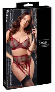 Cottelli Collection Bondage veļas komplekts, krūšturis bez stīpiņām, zeķturu josta, atvērtas biksītes un roku saites, izmērs S