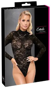 Кружевное боди Cottelli Collection, с длинным рукавом, черное, размер L