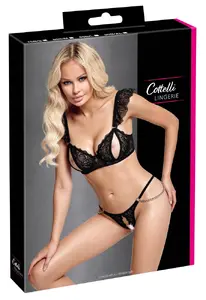 Cottelli Collection Bra and String 80B/M Lingerie Set Soft Floral Lace Black Underwired