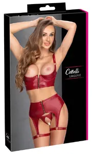 Cottelli Collection Shelf Bra Set Red 90B/XL Matte Look Open Cup Underwired Bra Crotchless Thong Suspender Belt