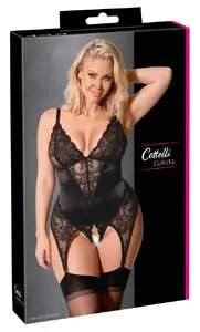 Cottelli Collection Basque Set 2XL Black Suspender Set with Basque and Crotchless String Made of Satin and Lace