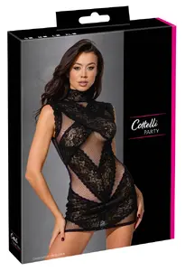Cottelli Collection Dress with Lace S Black Sleeveless Mini Dress Stand-Up Collar Polyester Elastane