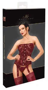 Noir Burgundy XL Strapless Basque Corset with Hook Fastener Powernet Velvet Flock Print and Adjustable Suspender Straps