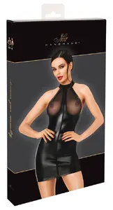 Noir Dress Transp. Chest L Mini Dress in Black Powerwetlook with Cold-Shoulder Halterneck Stand-Up Collar Transparent Cups and 2-Way Zip