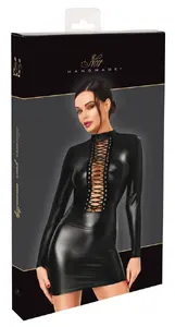 Noir Dress lacing S Mini Dress Black Powerwetlook Stand-Up Collar Long Sleeves