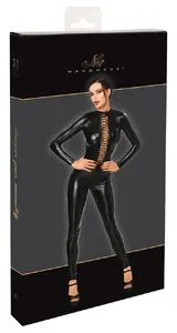 Noir Jumpsuit lacing XL Black Powerwetlook Stand-up Collar Long Sleeves 3-Way Zip