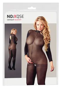 Catsuit ouvert no:xqse XL-XXL long-sleeved semi-transparent power net crotchless with lace collar and foot part 100% polyamide