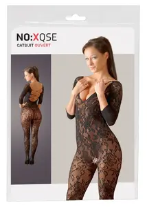 no:xqse Catsuit S-L Floral Black Lace 3/4 Sleeves Crotchless Polyamide Spandex