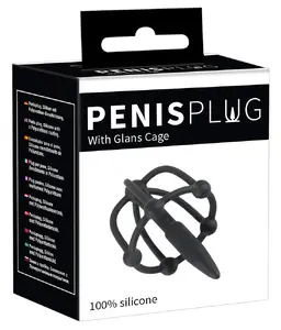 Penisplug Urethral Dilator with Glans Cage Stopper Bead and Stimulating Beads Soft Silicone and PU Coating