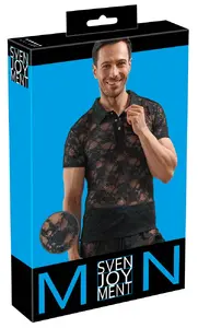 Svenjoyment Vīriešu Krekliņš S Polo Stils Melna Ziedu Mežģīne Īsas Piedurknes Neapgaismota Apkakle Sudraba Spiedpogas 90% Poliamīds 10% Elastāns
