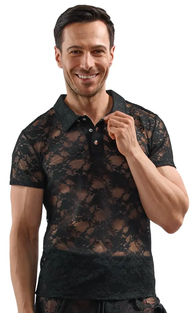Svenjoyment Vīriešu krekls M Melna mežģīne Polo Photo 2