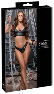Veļas komplekts Cottelli Collection Bondage M Melns Mākslīgā Āda ar Krūšturi Tanga un Rokudzelžiem
