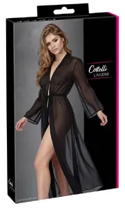 Cottelli Collection Kimono long M длинное кимоно черный полиэстер прозрачный шифон длинные расклешенные рукава пуговица завязка на талии
