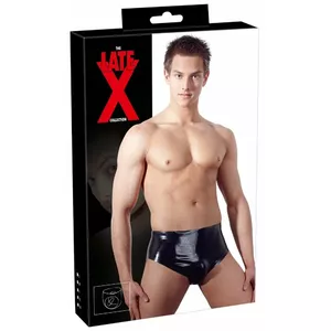 Men's latex briefs late x model S — 100% latex, black, size S, with inflatable anal plug (12 cm × Ø 4 cm)